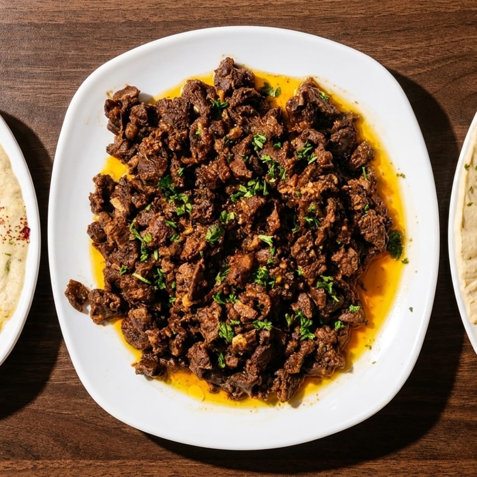 Three plates of Middle Eastern food: two hummus dishes and a plate of seasoned meat.
