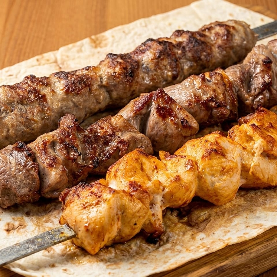 Three skewers of grilled meat, including chicken, beef, and lamb, served on flatbread.