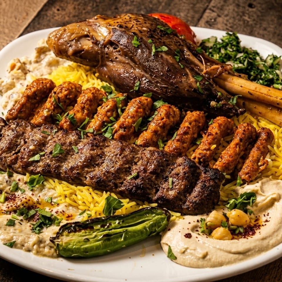 A large platter of Middle Eastern food with lamb shank, various kebabs, yellow rice, and dips.