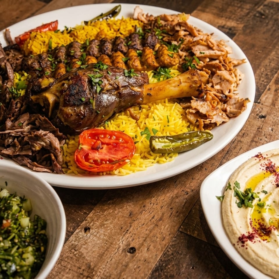 Middle Eastern feast with yellow rice, roasted lamb shank, grilled meats, hummus, and tabbouleh on a rustic wooden table.
