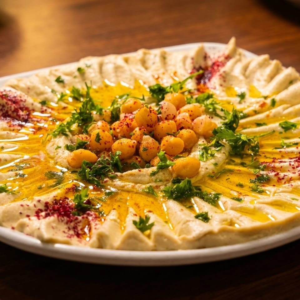 A plate of hummus garnished with chickpeas, olive oil, parsley, and red spices on a wooden table.