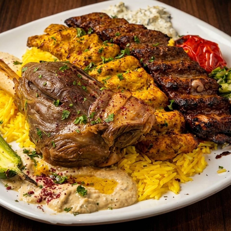 A large platter of Middle Eastern food with lamb shank, chicken and beef kebabs, rice, hummus, and salad.