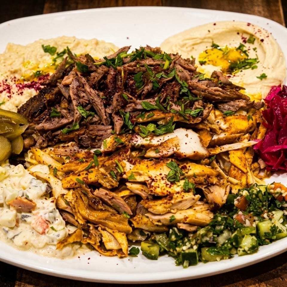 A large platter of shawarma with beef and chicken, hummus, pickles, red cabbage, and salad.
