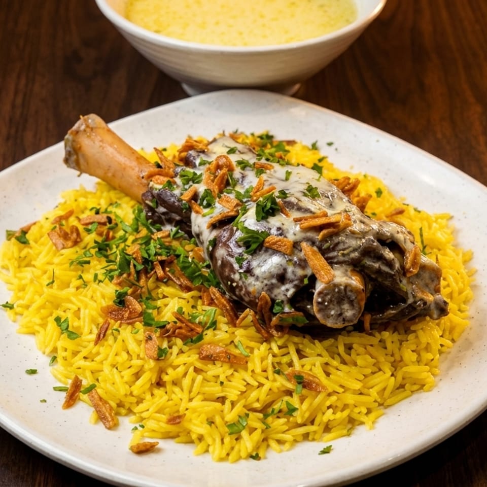 Lamb shank with creamy sauce, fried onions, and parsley on a bed of yellow rice.