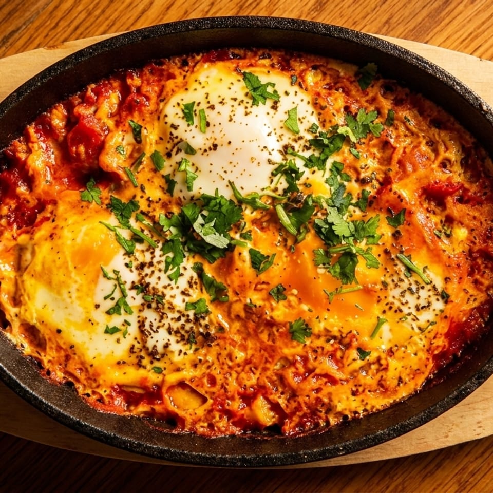 Shakshuka, a dish of eggs poached in a sauce of tomatoes, chili peppers, and onions, in a cast iron pan.